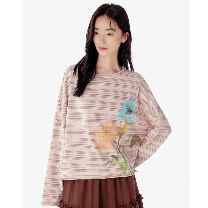 飞鸟和新酒落肩袖廓形印花长袖T恤女秋季休闲纯棉上衣FD55092012