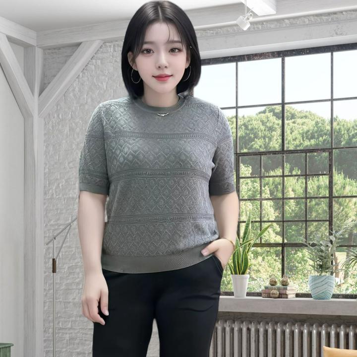 韩衣奇迹简约镂空针织短袖上衣薄款显瘦圆领百搭夏款女士毛衣