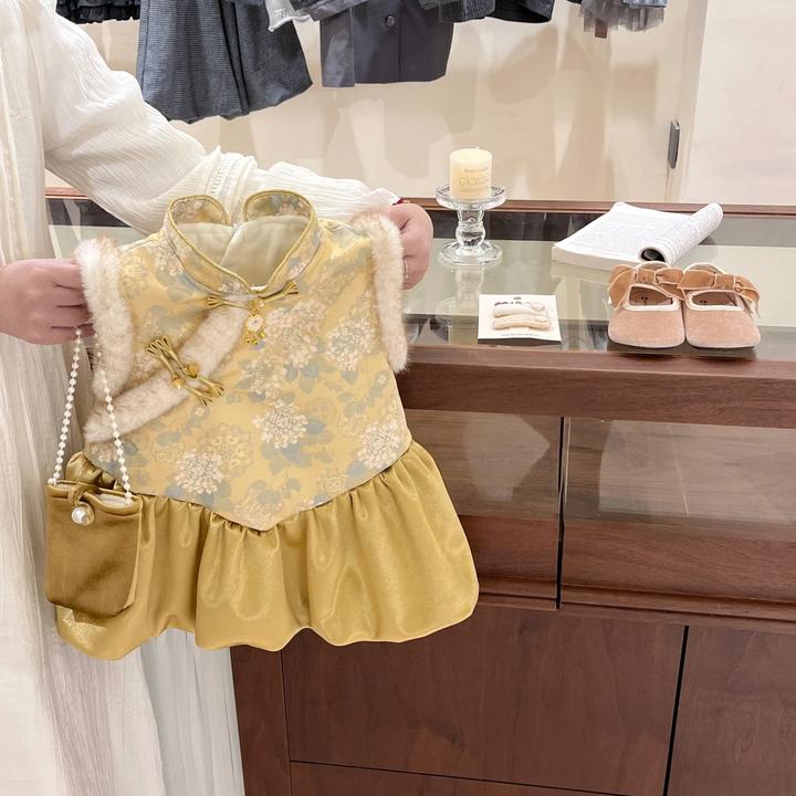 【新中式】金桂玉蕊！女童背心裙冬周岁礼服女宝中国风背心裙拜年服