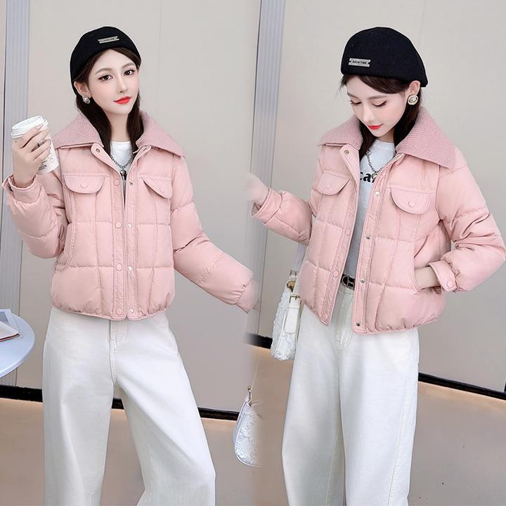 时尚短款棉服外套女2025冬季新款洋气百搭纯色针织方领小个子棉衣