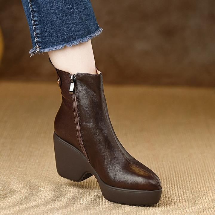 AACCK手工女鞋9cm头层羊皮防水台厚底粗跟短靴女冬季小个子高跟鞋