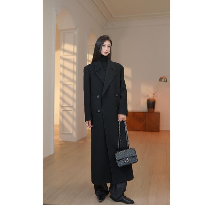 （韩素希）大衣气质穿搭时尚中长款秋冬羊毛单面呢大衣AF374