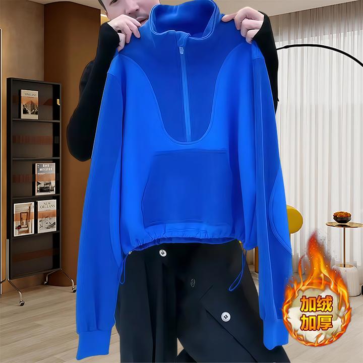 2025秋冬季加绒加厚新款韩版宽松半开领上衣女蓝色立领休闲卫衣