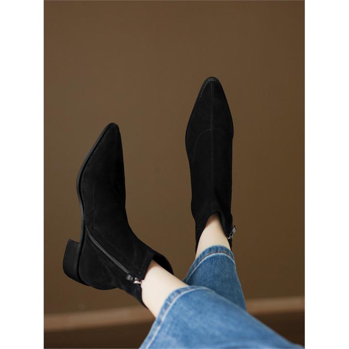 绒面瘦瘦靴女粗跟显瘦尖头短筒弹力靴2025新款中跟短靴女冬大码41