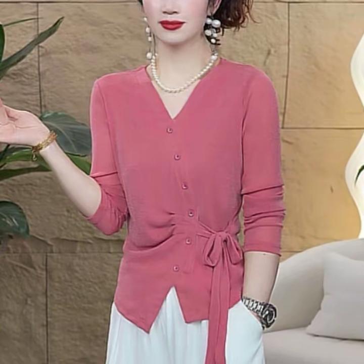 秋季新款时尚洋气V领长袖T恤百搭显瘦减龄设计感小众纯色系绳上衣