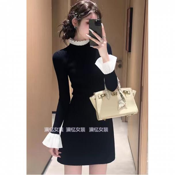 早秋精致小个子穿搭高级感显瘦气质洋气时尚赫本风黑色拼接连衣裙