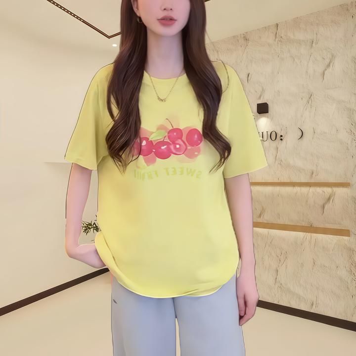 2025年春夏季樱桃水彩印花T恤宽松显瘦时尚百搭圆领半袖休闲t恤