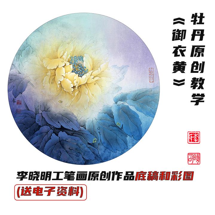 李晓明原创牡丹《御衣黄》底稿和彩图（送电子步骤图和教程）