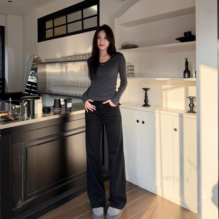 Moprobably李予诺「恰恰」解构风美式时尚加绒微喇牛仔裤L5473063