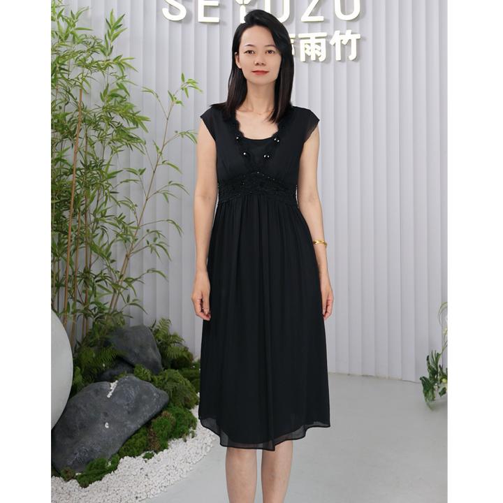连衣裙V领休闲A字裙显瘦女装中长裙无袖女士短袖气质长裙