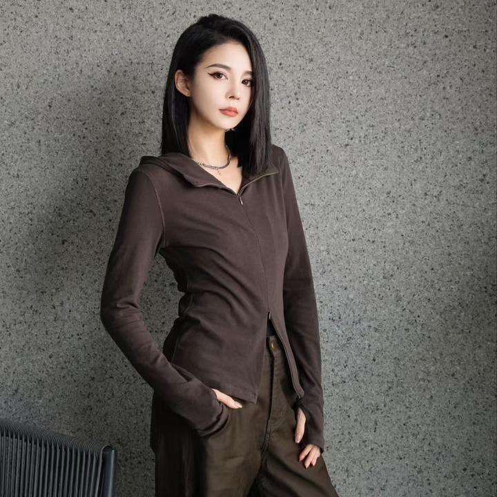 POPULARYW【叙物】Z·R上品屋 休闲风简约纯色长袖拉链连帽针织开衫