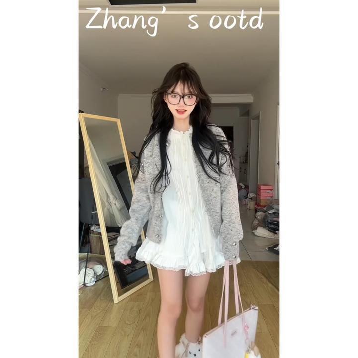 日系灰色毛衣外套女春秋季韩系温柔风百搭衬衫裙子套装