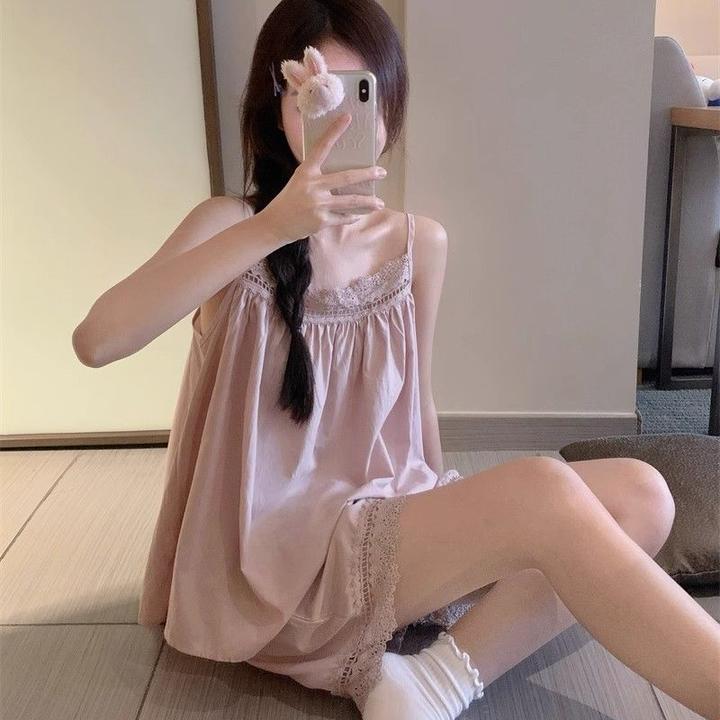 甜美风蕾丝花边一字领睡衣女夏季吊带法式宫廷风高级粉家居服套装