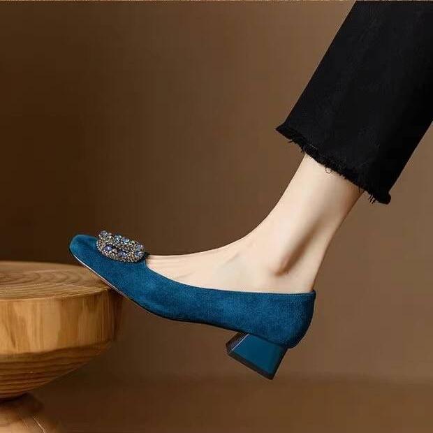 爆款断码清仓羊皮蓝色单鞋女粗跟2025春秋季中跟方头小众气质名媛