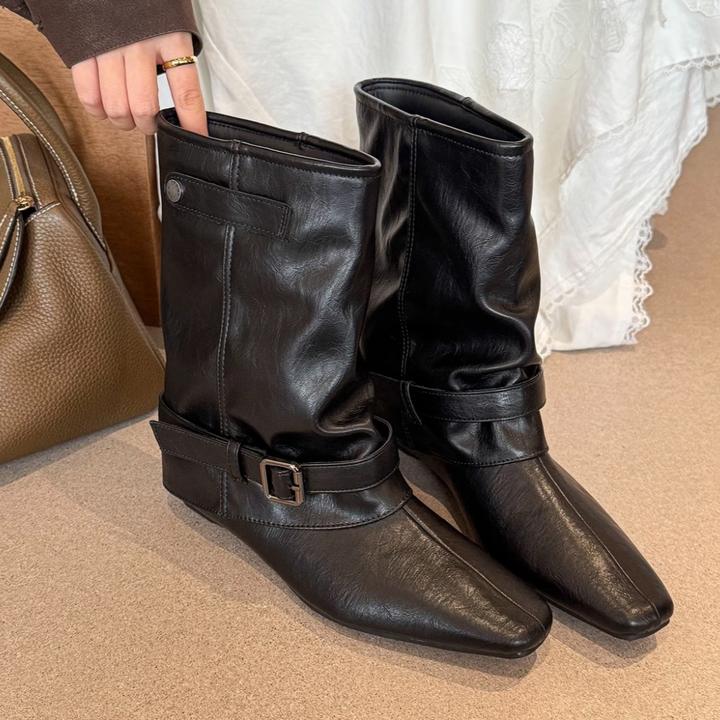 2025年秋冬季新款中筒裤管靴方头短靴女时髦百搭时装靴套筒马丁靴