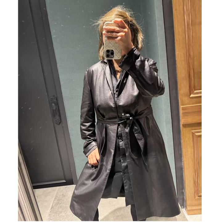 COCOLINDA【100%绵羊皮 皮风衣】欧美优雅落肩肯豆同款中长款F5182