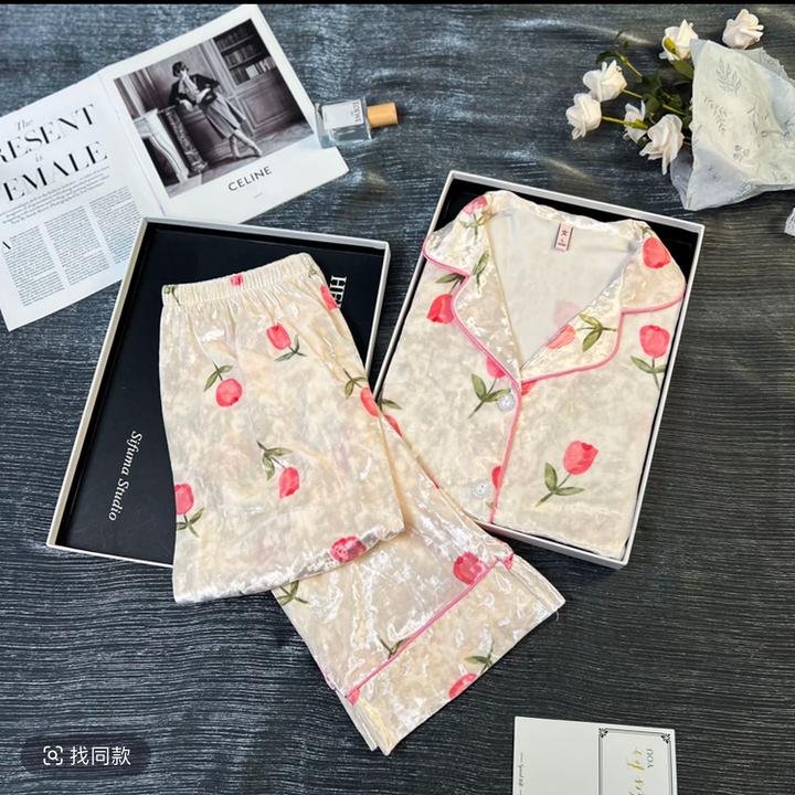 达芬奇密码睡衣女士郁金香金钻绒加厚长袖系带秋冬家居服保暖套装