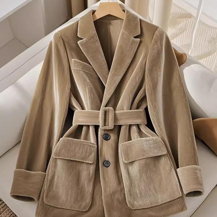今年流行爆款时尚休闲百搭咖色翻领长袖加厚丝绒西装外套女冬季