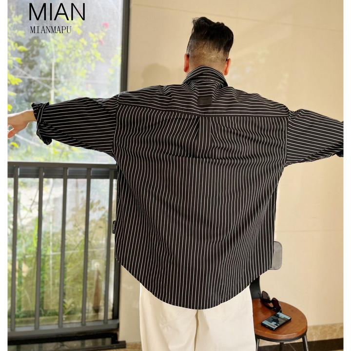 潮牌设计廓形龟背感长袖条纹衬衫男潮牌老钱风宽松圆下摆休闲衬衣