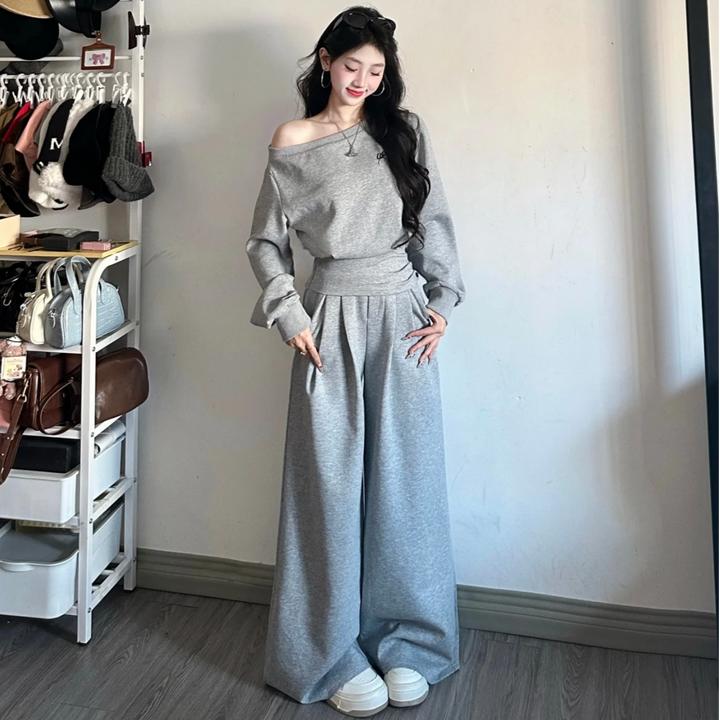 韩系运动休闲短款收腰上衣长袖斜肩卫衣阔腿长裤高腰半身裙两件套