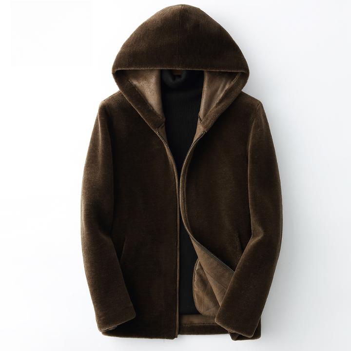 路茨梅帕皮毛一体男羊羔毛机车连帽真皮皮衣羊剪绒皮草夹克外套