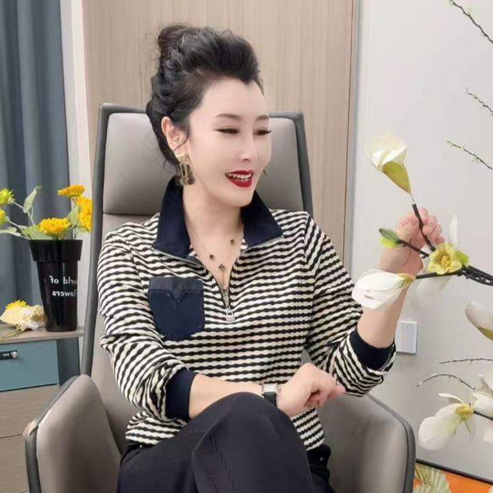 8319条纹衫长袖拼色半拉链通勤宽松型T恤夏季百搭撞色韩版