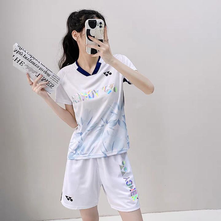 Yy尤尼白樱花羽毛球服套装男女透气短袖运动上衣速干球服韩版女款