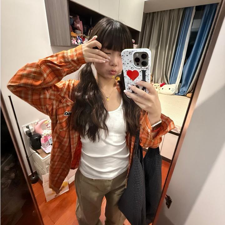 美式复古橙色格子衬衫女早秋季新款宽松休闲防晒长袖上衣外套秋季
