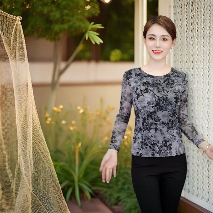 2025年秋季新款高档印花网纱小衫洋气长袖百搭修身显瘦时尚气质