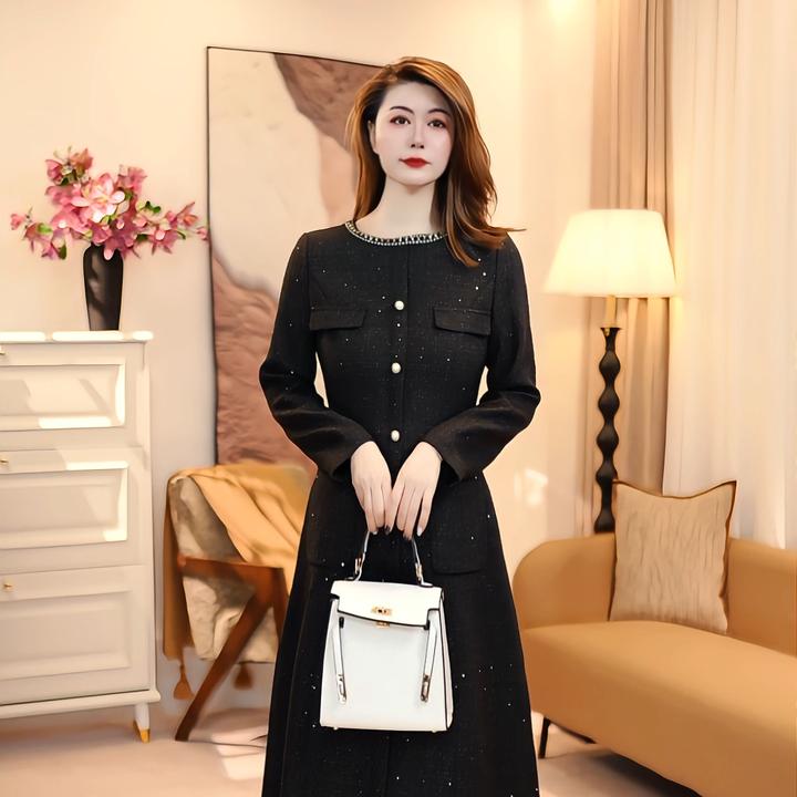 显瘦小香风A字裙长袖圆领连衣裙女装秋冬季中长款毛呢 86108