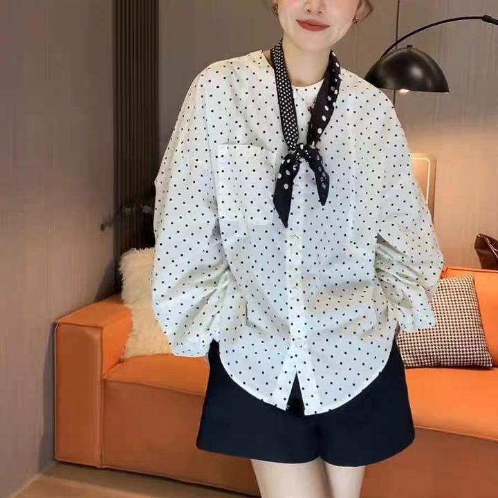 韩版圆领波点长袖衬衫女2025新款早春季减龄洋气衬衣宽松显瘦上衣