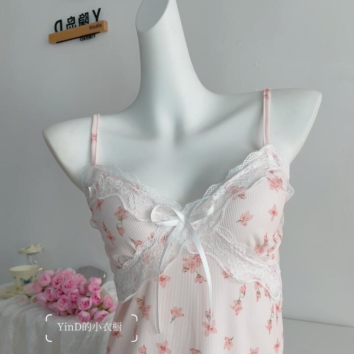 【初情】睡衣女夏季冰丝性感蕾丝吊带睡裙少女感带胸垫可外穿纯欲风