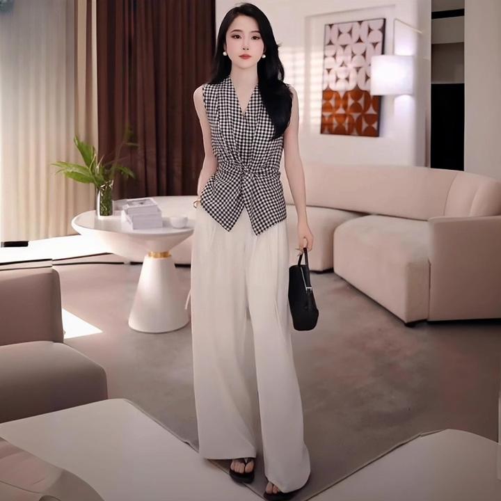 拉夏贝尔时尚套装女夏季新款洋气显瘦格子衬衫阔腿裤小个子两件套