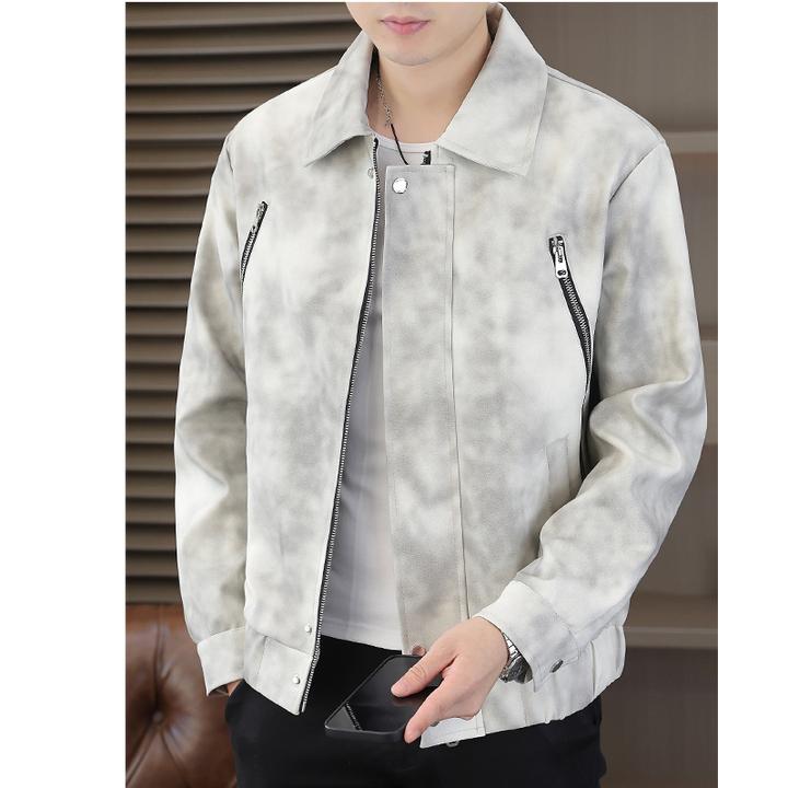 曼库帕娅秋季翻领蜡染皮衣男士休闲机车风复古短款PU皮夹克外套