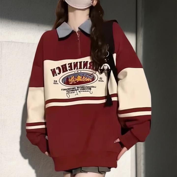 大码胖mm时尚撞色设计个性百搭加绒卫衣女甜美减龄印花韩版上衣