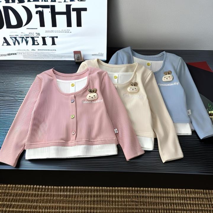 女童春秋装2025新款假两件长袖T恤女宝宝洋气叠穿亲肤柔软打底衫