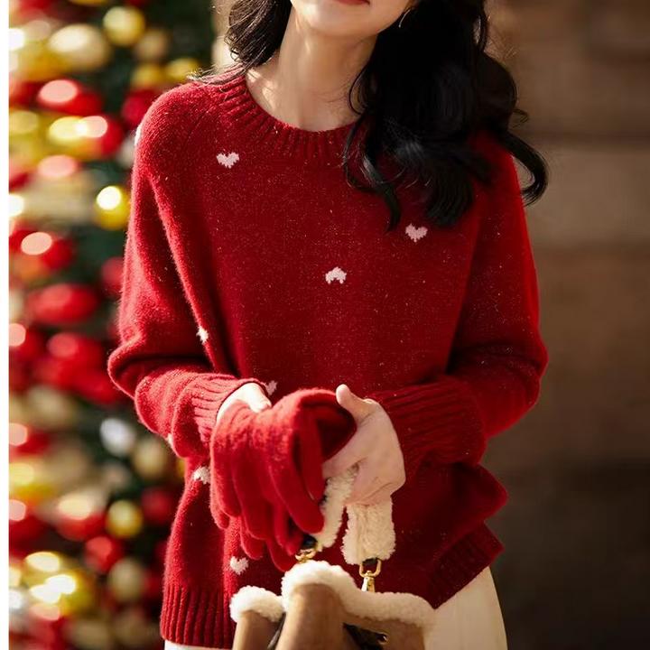 春季新款女装纯羊毛打底衫春节红色毛衣宽松显瘦拜年针织衫内搭