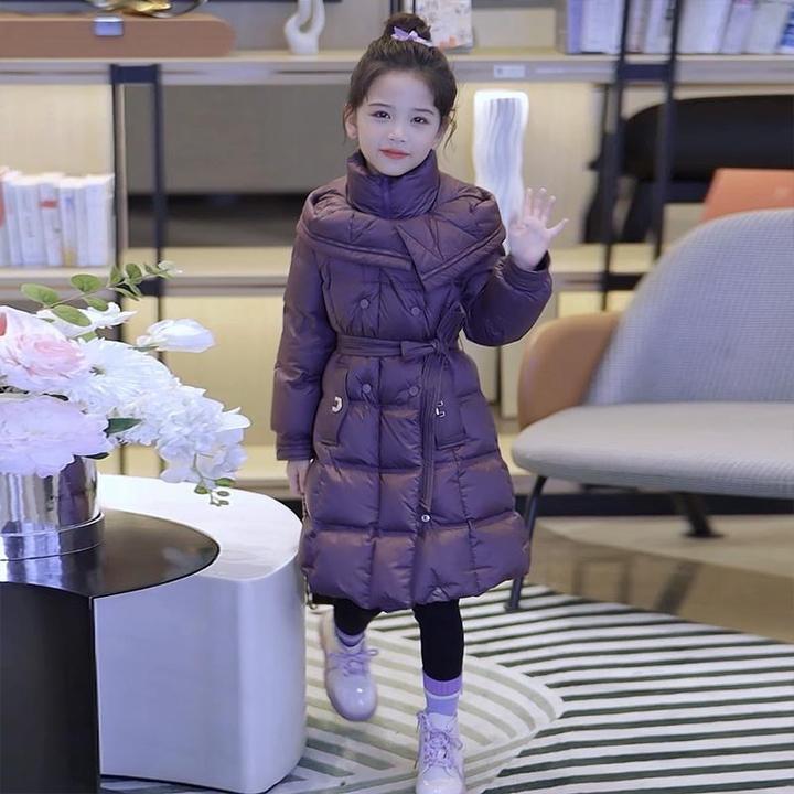 女童棉衣外套冬装加绒加厚2024新款中大童棉服儿童紫色棉袄中长款