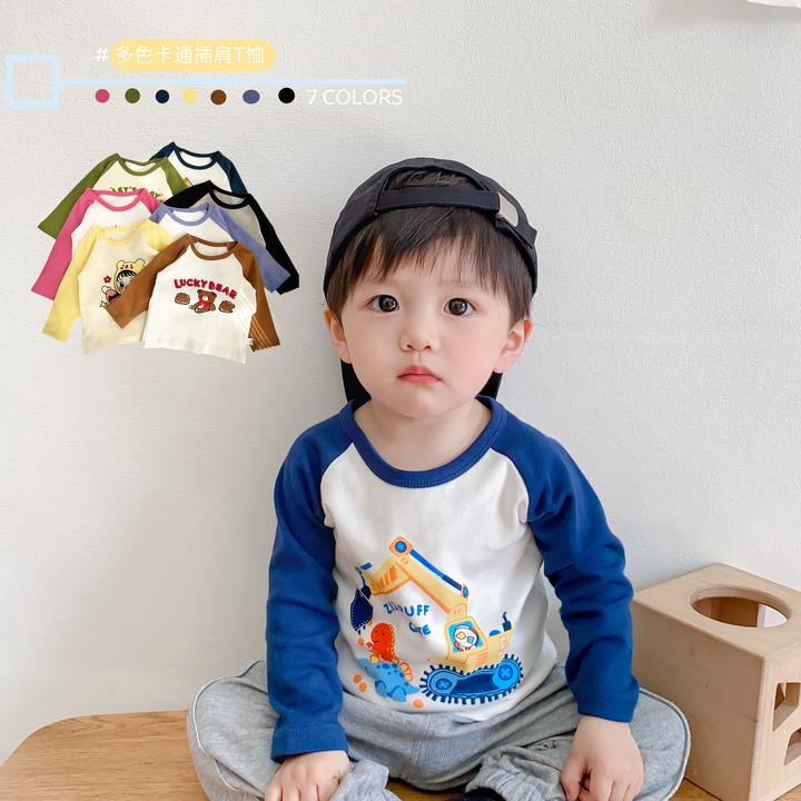 春秋季儿童棉长袖打底衫男女童休闲卡通上衣宝宝百搭插肩袖圆领