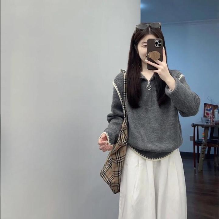 2024秋冬新款设计感小众半拉链高领针织毛衣女高腰休闲裤两件套潮