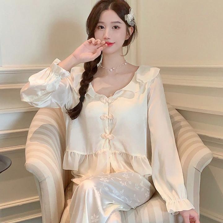 轻奢睡衣女夏提花2025冰丝新中式女款长袖长裤高级感两件套家居服