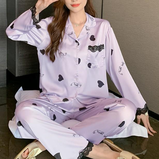 2025新款冰丝睡衣女士春秋季简约长袖蕾丝两件套家居服可外出洋气