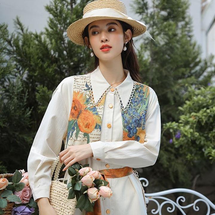 法式田园风文艺艺术家2024秋季新款假两件百搭打底女连衣裙设计感