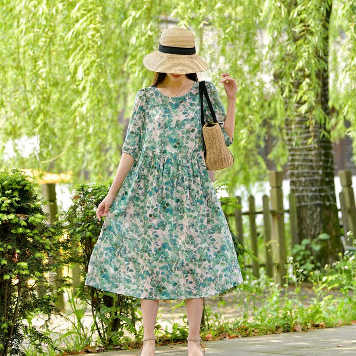 2025新款气质棉绸女装宽松连衣裙夏季透气时尚大码人造棉碎花裙子