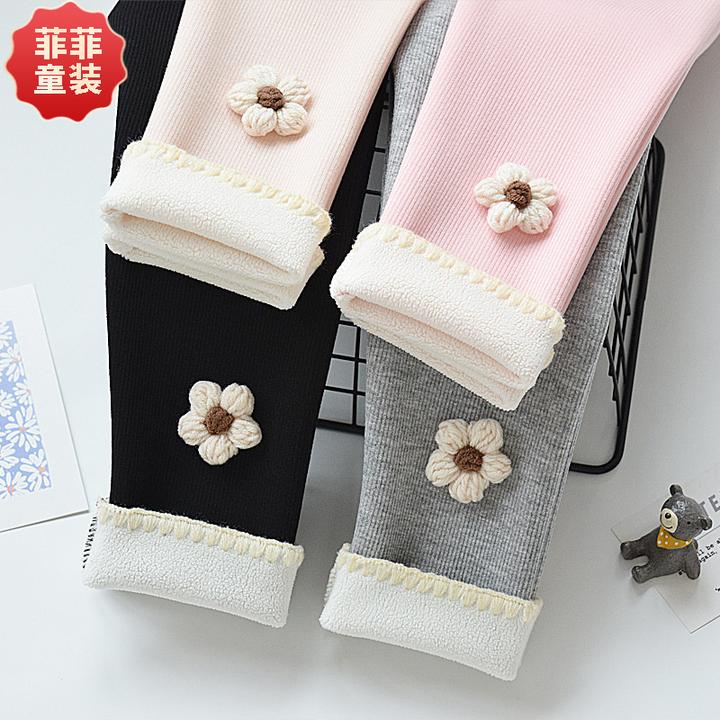 女童打底裤秋冬款加绒加厚中大童一体绒棉裤子冬季女童九分连裤袜