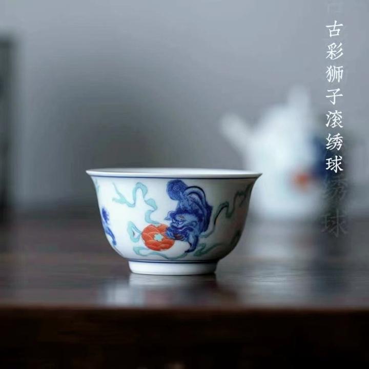 【精品单杯】仿古釉下彩狮子滚绣球压手杯精品陶瓷主人杯品茗杯茶杯