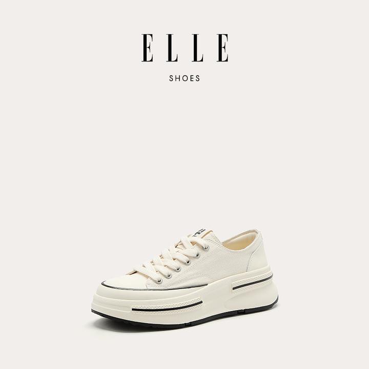 ELLE时尚厚底低帮帆布鞋女黑白休闲运动板鞋2025秋季新款平底鞋子
