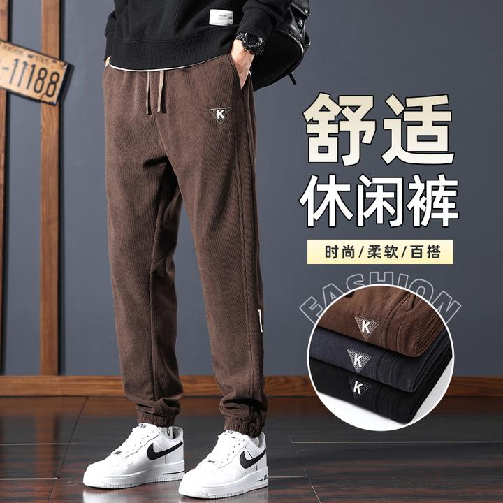 爆款博奥绒休闲裤男秋冬款修身抽绳弹力男士运动束脚长裤裤子2024