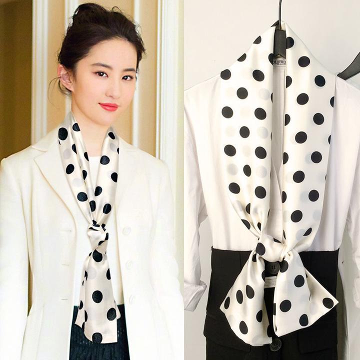 春秋薄款女气质丝巾细窄洋气时尚围巾装饰百搭优雅白色波点小领巾