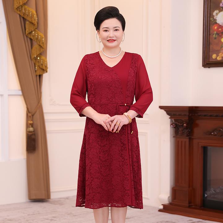喜婆婆婚宴装礼裙2024新款春秋款高贵洋气蕾丝酒红色礼服WL24662